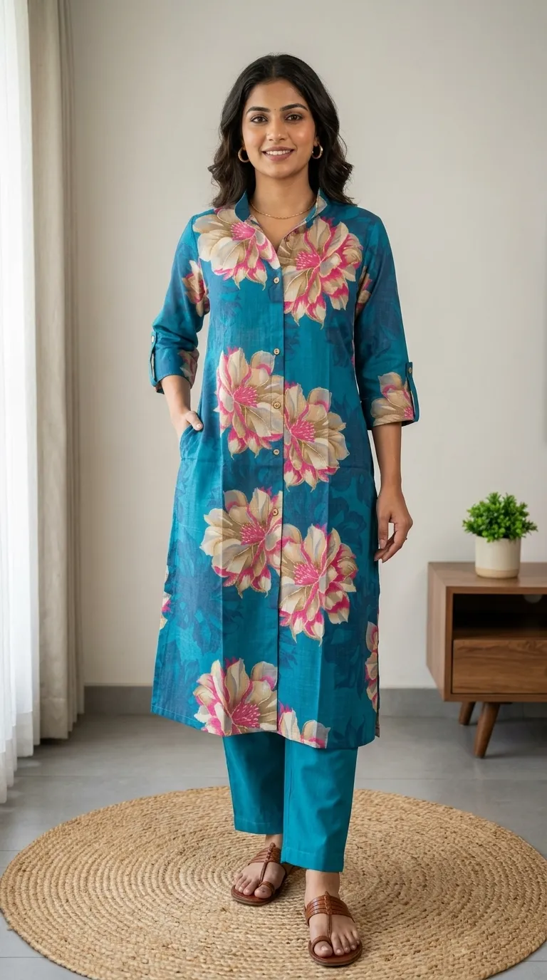 Turquoise Blue Floral Kurta Pant Set